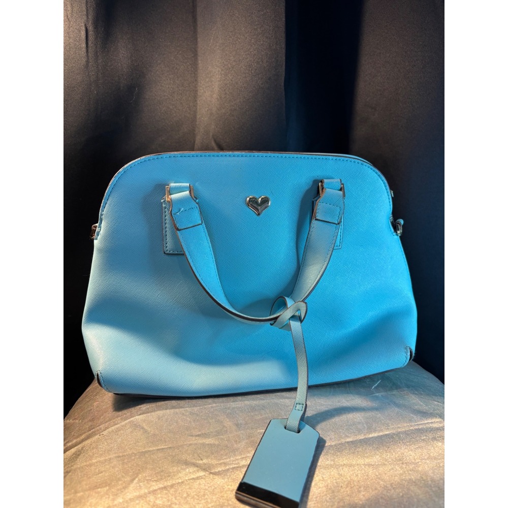 Blue Saffiano Dome Satchel Bag with Gold Heart Detail and Striped Lining